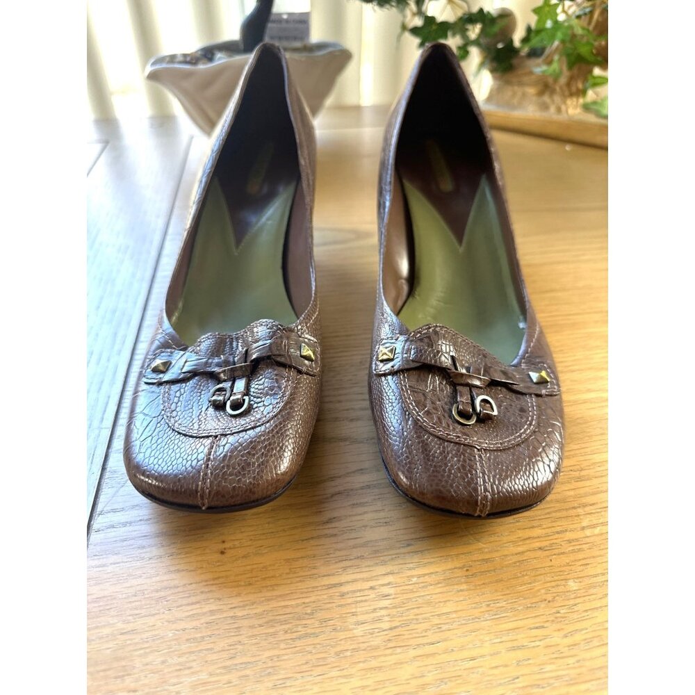 Enzo Angiolini 10 Brown Faux Crocodile Kitten Heel Shoes Buckle Detail  EA Flexo